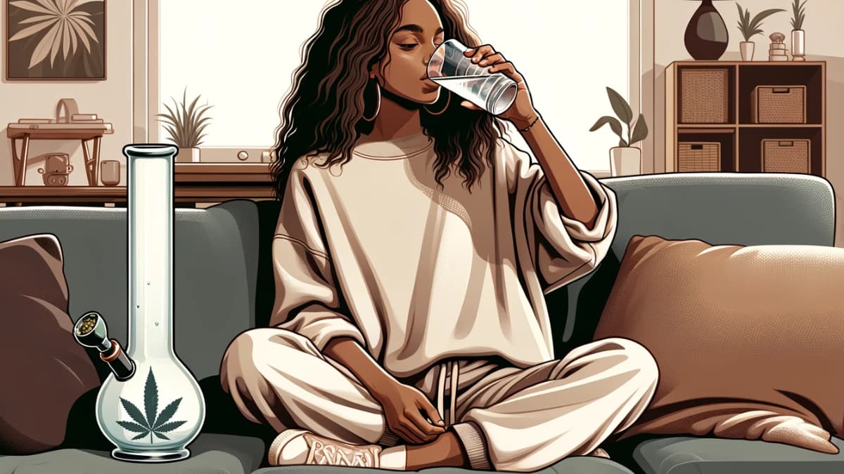 Illustration of a lady drinking water next to her bong