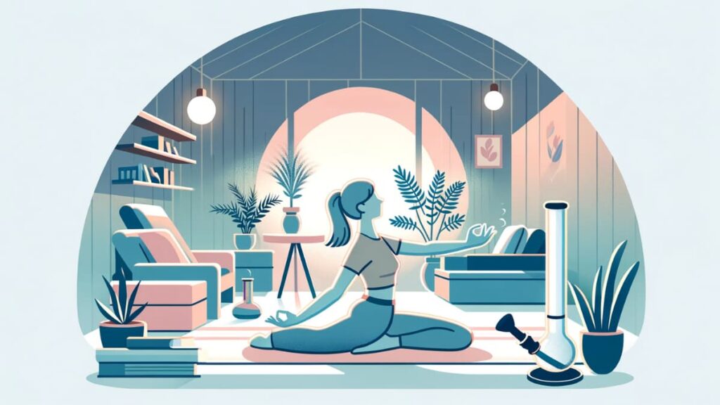 Lady doing yoga next to her bong illustration